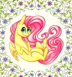 Size: 1334x1437 | Tagged: safe, artist:twixyamber, fluttershy, pony, g4, female, flower, smiling, solo, traditional art