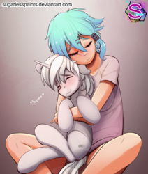 Size: 1371x1617 | Tagged: safe, artist:sugarlesspaints, oc, oc:silver sickle, human, pony, unicorn, 2017, anime, cheek squish, clothes, commission, crossover, cute, deviantart, duo, eyelashes, eyes closed, female, floppy ears, gradient background, gray mane, green hair, hairpin, horn, hug, human on pony snuggling, light skin, male, scar, shirt, short hair, short mane, sinon, sitting, smiling, snuggling, stallion, sword art online, tail, website
