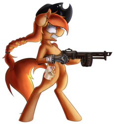 Size: 1731x1884 | Tagged: safe, artist:beardie, oc, oc only, pony, bipedal, commission, fallout, gun, hat, shotgun, simple background, solo, transparent background, weapon