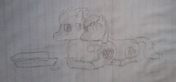 Size: 1048x491 | Tagged: safe, artist:elermita800, derpibooru exclusive, applejack, soarin', pony, g4, black and white, female, food, grayscale, irl, lined paper, male, monochrome, pencil drawing, photo, pie, ship:soarinjack, shipping, straight, traditional art