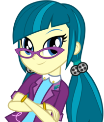 Size: 6452x7592 | Tagged: safe, artist:pink1ejack, juniper montage, equestria girls, movie magic, official, spoiler:eqg specials, absurd resolution, baubles, blue background, bracelet, clothes, crossed arms, female, glasses, hair tie, jewelry, lapel pin, looking at you, pigtails, shirt, simple background, smiling, solo, transparent background, twintails, vector
