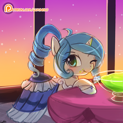 Size: 750x750 | Tagged: safe, artist:lumineko, smooze, oc, oc only, oc:opuscule antiquity, pony, unicorn, g4, blushing, clothes, colored pupils, cute, dress, eating, female, gala dress, looking at you, mare, ocbetes, one eye closed, patreon, patreon logo, punch, solo, wink
