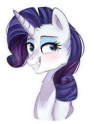 Size: 1024x1345 | Tagged: safe, artist:slasharu, rarity, pony, unicorn, g4, blushing, bust, female, grin, portrait, simple background, smiling, solo, white background