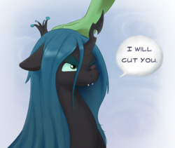 Size: 750x634 | Tagged: safe, artist:adequality, artist:jalm, queen chrysalis, oc, oc:anon, changeling, changeling queen, human, g4, dialogue, female, hand, human on pony petting, nose wrinkle, one eye closed, petting, solo focus