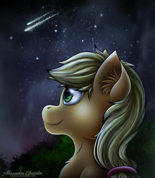 Size: 1733x2000 | Tagged: safe, artist:kukotte, applejack, g4, ear fluff, eye reflection, female, hatless, looking up, missing accessory, night, reflection, shooting star, smiling, solo, stars