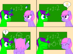 Size: 1600x1200 | Tagged: safe, artist:toyminator900, oc, oc only, oc:clever clop, oc:melody notes, pegasus, pony, unicorn, chalk, chalkboard, comic, facehoof, lightbulb, magic, math, speech bubble, telekinesis