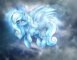 Size: 1372x1064 | Tagged: safe, artist:not-ordinary-pony, oc, oc only, oc:snowdrop, pegasus, pony, cloud, female, flying, looking at you, mare, snow, snowfall, solo