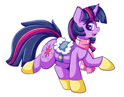 Size: 2766x2158 | Tagged: safe, artist:graphene, twilight sparkle, g4, winter wrap up, cute, female, high res, looking at you, open mouth, profile, raised hoof, raised leg, saddle, smiling, solo, tack, twiabetes, winter outfit