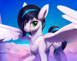 Size: 631x500 | Tagged: safe, artist:rodrigues404, oc, oc only, oc:danger close, pegasus, pony, animated, blinking, cinemagraph, cloud, commission, dog tags, female, gif, jewelry, mare, necklace, raised hoof, solo
