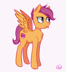 Size: 917x1000 | Tagged: safe, artist:borshikabber, scootaloo, pegasus, pony, g4, :p, chest fluff, cutie mark, female, signature, simple background, solo, spread wings, the cmc's cutie marks, tongue out, white background, wings