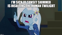 Size: 896x500 | Tagged: safe, edit, edited screencap, screencap, trixie, equestria girls, g4, my little pony equestria girls: rainbow rocks, caption, female, grammar error, image macro, meme, mouthpiece, op is a duck, open mouth, solo, trixie yells at everything