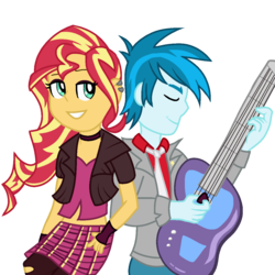 Size: 1238x1237 | Tagged: safe, artist:berrypunchrules, sunset shimmer, thunderbass, equestria girls, g4, alternate clothes, clothes, electric guitar, guitar, musical instrument, piercing, simple background, transparent background