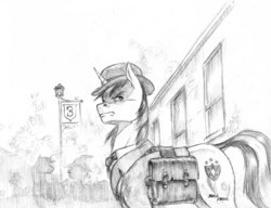 Size: 1400x1076 | Tagged: safe, artist:baron engel, shining armor, pony, unicorn, g4, bowler hat, clothes, fog, hat, lamppost, male, monochrome, noir, pencil drawing, saddle bag, sign, silhouette, stallion, story in the source, suit, traditional art, train station