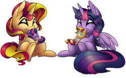Size: 9757x6012 | Tagged: safe, artist:cutepencilcase, sunset shimmer, twilight sparkle, alicorn, pony, unicorn, absurd resolution, chest fluff, commission, crush plush, cute, cutepencilcase is trying to murder us, female, lesbian, plushie, self plushidox, shimmerbetes, shipping, simple background, smiling, sunsetsparkle, transparent background, twiabetes, twilight sparkle (alicorn), underhoof, ych result