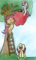 Size: 3000x5000 | Tagged: safe, artist:chumguzzle, artist:overunity, apple bloom, scootaloo, sweetie belle, earth pony, pegasus, pony, unicorn, g4, apple, bad idea, carrying, cutie mark crusaders, food, giant apple, high res, imminent darwin award, ladder, open mouth, this will end in death, this will end in tears and/or death and/or covered in tree sap, this will not end well, too dumb to live, tree, trio
