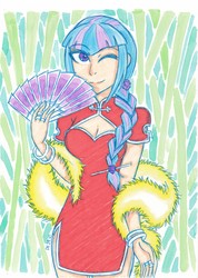 Size: 2464x3468 | Tagged: safe, artist:deeemperor, sonata dusk, equestria girls, g4, my little pony equestria girls: rainbow rocks, alternate hairstyle, bracelet, cheongsam, clothes, fan, female, high res, human coloration, jewelry, looking at you, minidress, one eye closed, solo, traditional art, wink