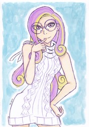 Size: 2464x3484 | Tagged: safe, artist:deeemperor, princess cadance, human, g4, backless, clothes, female, glasses, high res, humanized, looking at you, open-back sweater, sexy, sleeveless sweater, smiling, solo, sweater, traditional art, virgin killer sweater