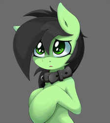 Size: 768x856 | Tagged: safe, artist:grumblepluck, edit, oc, oc only, oc:filly anon, earth pony, pony, collar, female, filly, gray background, looking at you, open mouth, recolor, simple background, solo