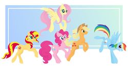 Size: 8458x4702 | Tagged: safe, artist:gracewolf, applejack, fluttershy, pinkie pie, rainbow dash, sunset shimmer, pony, unicorn, g4, absurd resolution, group shot, simple background