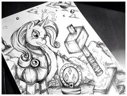 Size: 960x725 | Tagged: safe, artist:acegekko, rarity, pony, g4, armor, blacksmith, hammer, monochrome, traditional art