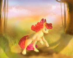 Size: 2850x2268 | Tagged: safe, artist:lysmily, apple bloom, earth pony, pony, g4, cutie mark, female, filly, forest, high res, rearing, solo, speedpaint, the cmc's cutie marks