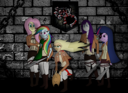 Size: 1024x745 | Tagged: safe, artist:mundogreen, applejack, fluttershy, rainbow dash, rarity, twilight sparkle, equestria girls, g4, attack on titan, crossover, eyepatch, watermark