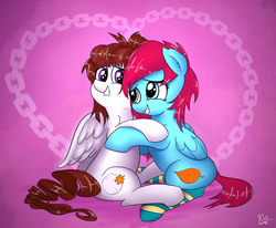 Size: 4182x3440 | Tagged: safe, artist:ohiekhe, oc, oc only, oc:autumn moon, oc:moonlight, pegasus, pony, clothes, duo, female, heart, high res, lesbian, mare, oc x oc, shipping, socks, striped socks