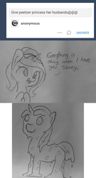 Size: 1280x2375 | Tagged: safe, artist:tjpones, princess cadance, shining armor, alicorn, food pony, original species, pizza pony, pony, unicorn, g4, ask, comic, dialogue, food, grayscale, lineart, monochrome, peetzer, pizza, species swap, traditional art, tumblr