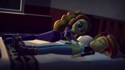 Size: 1920x1080 | Tagged: safe, artist:razethebeast, adagio dazzle, sunset shimmer, equestria girls, g4, 3d, bed, bedroom, clothes, female, lesbian, night, pants, ship:sunsagio, shipping, sleeping, source filmmaker