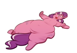 Size: 1280x888 | Tagged: safe, artist:secretgoombaman12345, diamond tiara, earth pony, pony, ask chubby diamond, g4, belly button, cartoon physics, fat, female, flattened, simple background, solo, tongue out, transparent background