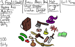 Size: 1280x800 | Tagged: safe, artist:saria the frost mage, a foal's adventure, bag, bag of money, bits, bow (weapon), candle, cyoa, dagger, doll, feather, food, hat, hatchet, inventory, knife, pony doll, pony in description, story included, text, toy, weapon