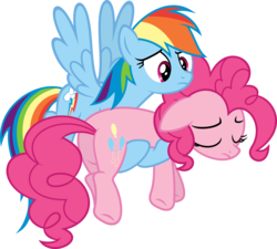Size: 6000x5402 | Tagged: safe, artist:slb94, pinkie pie, rainbow dash, pony, g4, too many pinkie pies, absurd resolution, butt, carrying, eyes closed, flying, frown, holding a pony, plot, simple background, transparent background, vector