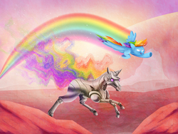 Size: 1000x750 | Tagged: safe, artist:slamjam, rainbow dash, pegasus, pony, robot, g4, flying, rainbows, robot unicorn attack, running