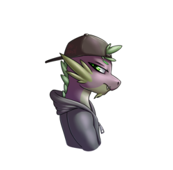 Size: 4232x4170 | Tagged: safe, artist:strachattack, spike, dragon, g4, absurd resolution, bust, clothes, hat, hoodie, looking at you, male, older, older spike, simple background, snapback, solo, transparent background