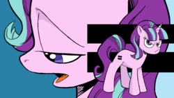 Size: 1280x720 | Tagged: safe, artist:andypriceart, artist:leone di cielo, idw, starlight glimmer, pony, g4, angry, comic, equal cutie mark, evil, female, glare, simple background, solo