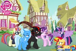 Size: 1800x1200 | Tagged: safe, artist:trungtranhaitrung, moondancer, starlight glimmer, sunset shimmer, trixie, twilight sparkle, oc, oc:shadow shimmer, alicorn, pony, unicorn, g4, animax, canon x oc, counterparts, crying, discovery family logo, edgy, hasbro, logo, male, ponified, ponyville, red and black oc, sega, shadow the hedgehog, shipping, sonic the hedgehog, sonic the hedgehog (series), twilight sparkle (alicorn), twilight's counterparts, upset