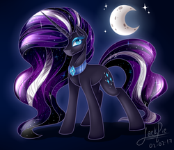 Size: 1850x1600 | Tagged: safe, artist:jack-pie, idw, nightmare rarity, pony, unicorn, g4, crescent moon, female, hair over one eye, looking at you, moon, signature, smiling, solo, stars