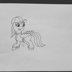 Size: 720x720 | Tagged: safe, artist:nightwind-arts, oc, oc only, oc:rightytighty, pegasus, pony, coveralls, female, filly, hat, looking back, simple background, sketch, solo, traditional art, white background