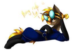 Size: 1933x1349 | Tagged: safe, artist:alithecat1989, oc, oc only, oc:golden gear, pony, unicorn, clothes, colored pupils, dialogue, female, goggles, looking at you, mare, request, simple background, smiling, transparent background