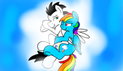 Size: 1024x600 | Tagged: safe, artist:skysketch56, rainbow dash, soarin', pony, g4, base used, cloud, cuddling, cute, male, ship:soarindash, shipping, spooning, straight