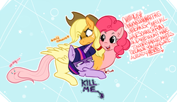 Size: 1000x576 | Tagged: safe, artist:stardrawsponies, applejack, fluttershy, pinkie pie, twilight sparkle, chimera, pony, g4, abomination, body horror, conjoined, fusion, kill me, oh my, simple background, text, together forever, wat, we have become one, what has magic done