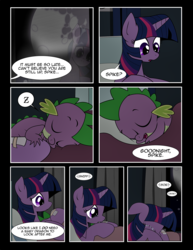 Size: 1275x1650 | Tagged: safe, artist:dsana, spike, twilight sparkle, dragon, pony, comic:to look after, g4, bed, comic, crying, hospital, hospital bed, mare in the moon, moon, sleeping, z