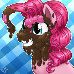 Size: 3000x3000 | Tagged: safe, artist:nothingspecialx9, pinkie pie, earth pony, pony, g4, bust, chocolate, female, food, high res, misleading thumbnail, not scat, portrait, smiling, solo
