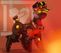 Size: 2300x2000 | Tagged: safe, artist:mopyr, oc, oc only, oc:chattachoo, cyborg, original species, train pony, black sclera, goggles, hat, high res, horse collar, particles, solo, story included
