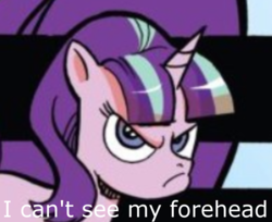 Size: 1321x1080 | Tagged: safe, artist:andy price, starlight glimmer, pony, g4, angry, comic, cropped, equal cutie mark, evil, female, glare, i can't see my forehead, male, patrick star, patty hype, simple background, solo, spongebob squarepants