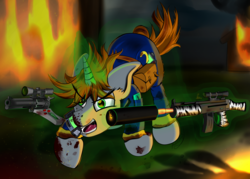 Size: 4200x3000 | Tagged: safe, artist:raptorpwn3, oc, oc only, oc:littlepip, pony, unicorn, fallout equestria, clothes, fanfic, fanfic art, female, fire, glowing horn, gun, handgun, high res, hooves, horn, jumpsuit, levitation, little macintosh, magic, mare, open mouth, optical sight, pipbuck, rage, revolver, solo, teeth, telekinesis, vault suit, weapon, zebra rifle