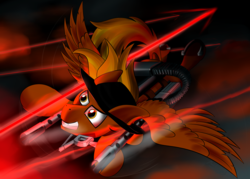 Size: 4200x3000 | Tagged: safe, artist:raptorpwn3, oc, oc only, oc:calamity, pegasus, pony, fallout equestria, battle saddle, dashite, dodge, fanfic, fanfic art, fire, flying, gau-16, gun, hat, high res, hooves, laser, male, night, rage, rifle, solo, spread wings, stallion, teeth, weapon, wings
