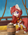 Size: 1280x1608 | Tagged: safe, artist:miraisora, oc, oc only, oc:rosa lanzar, pony, barrel, bipedal, bipedal leaning, dagger, ear piercing, knife, leaning, piercing, pirate, pirate ship, smiling, solo, sword, weapon