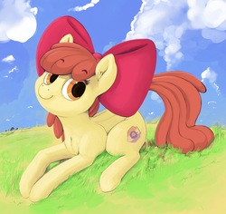 Size: 2722x2566 | Tagged: safe, artist:dimfann, apple bloom, earth pony, pony, g4, adorabloom, apple bloom's bow, bow, cloud, cute, female, filly, grass field, hair bow, high res, looking at you, prone, sky, smiling, solo, the cmc's cutie marks