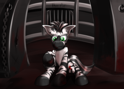 Size: 4200x3000 | Tagged: safe, artist:raptorpwn3, oc, oc only, oc:xenith, pony, zebra, fallout equestria, arena, blood, fanfic, fanfic art, female, high res, mare, solo, thepit